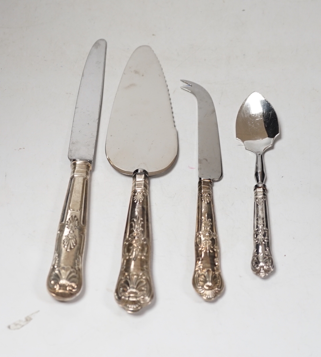 A set of six modern silver handled King's pattern table knives, five other silver handled items of cutlery and eleven silver plated handled King's pattern table knives.